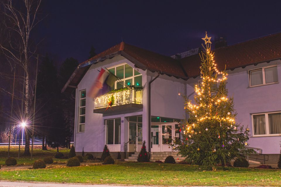 A home decorated with permanent outdoor christmas lights along the roofline at night